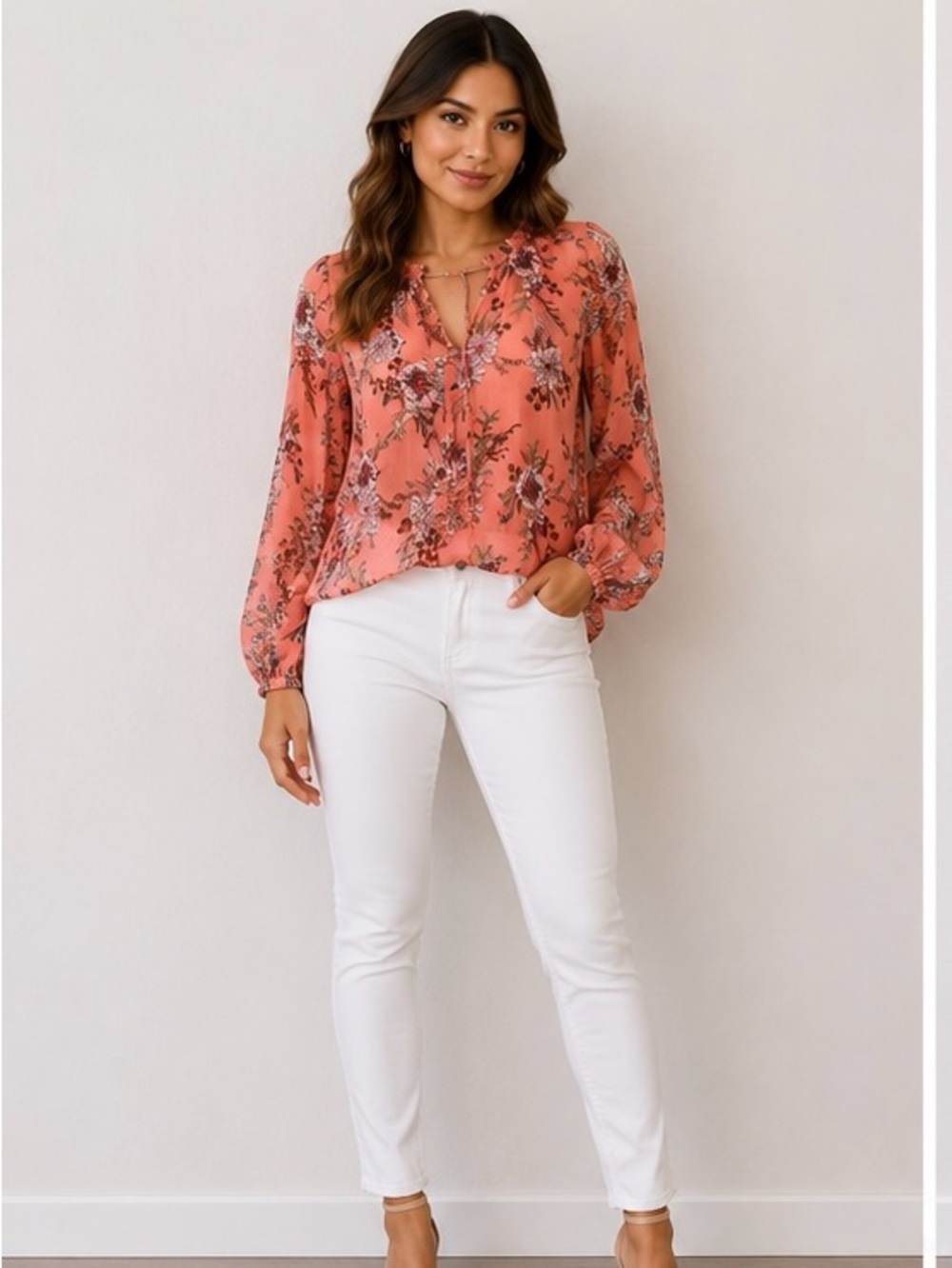 Jessica Simpson Peach Floral Ruffle V-Neck Blouse
